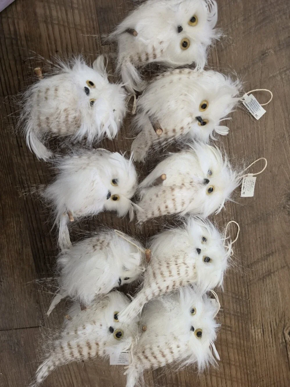 Cracker Barrel White and Brown Feather Owl Ornaments - Set of 12 Plush Birds